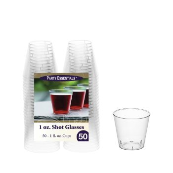 Clear plastic shot glasses in a 60-pack with packaging.
