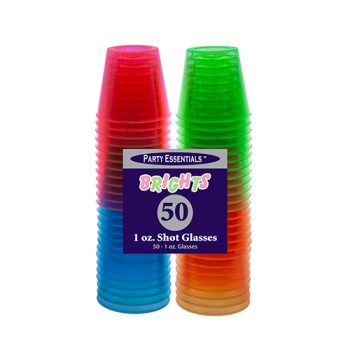 Colorful disposable plastic cups stacked in sets of 50.