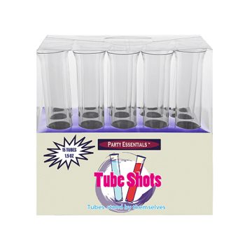 A box of Party Essentials Tube Shots with colorful liquids.