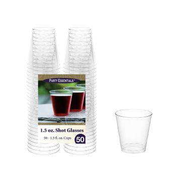 Pack of 50 clear plastic shot glasses, 1.5 oz capacity.