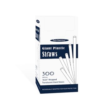 Box of 300 black plastic straws with paper wrapper.