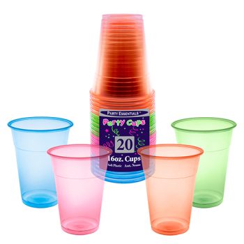 Colorful plastic party cups arranged around a central stack.