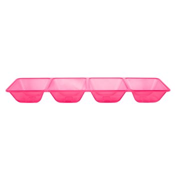 Pink silicone ice cube tray with four compartments.