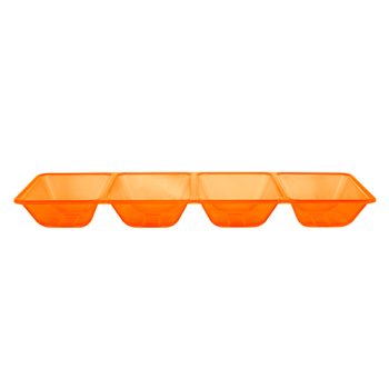 Orange plastic egg tray with four compartments.