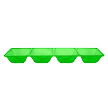 Green plastic tray with four compartments for organizing items.
