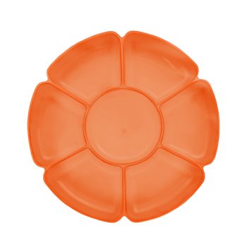 Orange segmented plastic serving tray with six compartments.