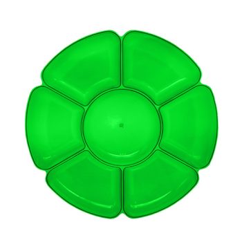 A green plastic divided plate with six sections.