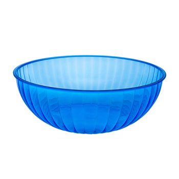 Blue translucent plastic bowl with a ribbed design.