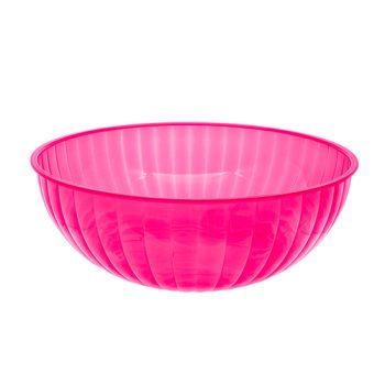 A vibrant pink plastic bowl with a ribbed texture.