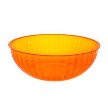 A translucent orange plastic bowl with vertical ridges.