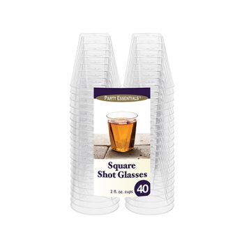 Pack of 40 clear square shot glasses stacked neatly.