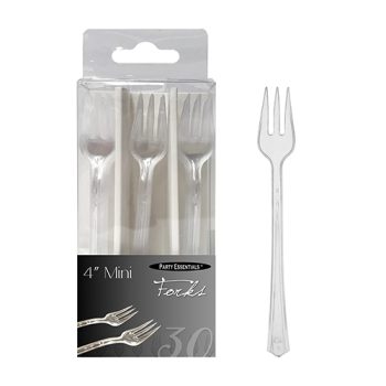 Set of 50 clear plastic cocktail forks in packaging.