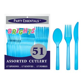 Blue plastic cutlery set with 51 pieces for parties.