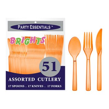 Bright orange assorted plastic cutlery set with 51 pieces.
