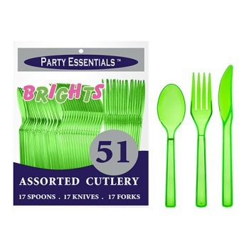 Bright green assorted plastic cutlery set of 51 pieces for parties.