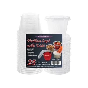 Clear plastic dessert cups with lids for portion control.