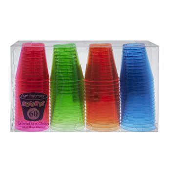Colorful stacking plastic cups in a clear display box.