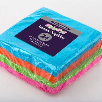 Brightly colored party napkins in a stack with a label.