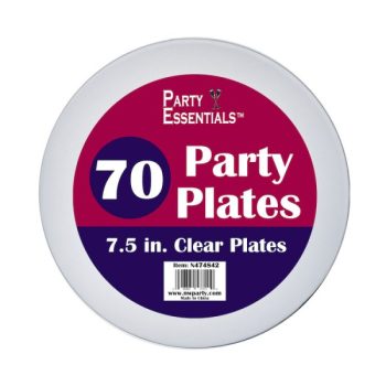 Pack of 70 clear plastic party plates, 7.5 inches in diameter.
