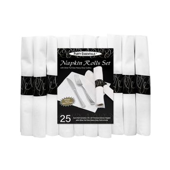 Pack of 25 white nylon kitchen dishcloths with black packaging.