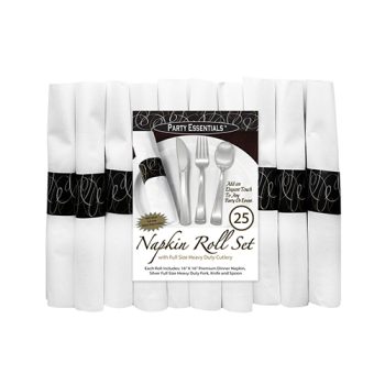 Elegant white napkin set with silver rings, ideal for formal dining.