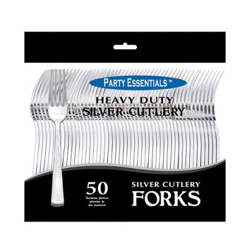 Box of 50 heavy-duty silver plastic forks.