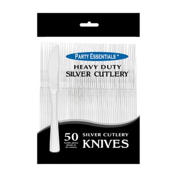 Pack of 50 heavy-duty silver knives in clear packaging.