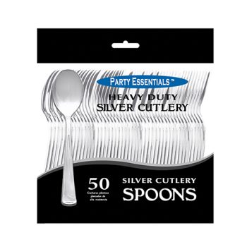 Package of 50 silver cutlery spoons with a black and white design.