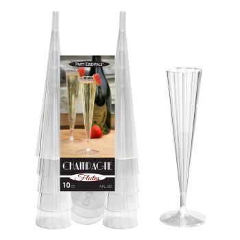 Set of 10 clear plastic champagne flutes.