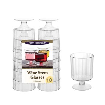 Set of 10 clear plastic wine stem glasses stacked with a holder.