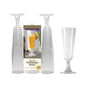 Set of 20 elegant plastic champagne flutes with holders, perfect for parties.