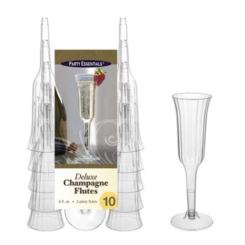 Set of 10 deluxe champagne flutes with clear glass design.