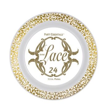 Elegant gold and white decorative plate with floral lace design.