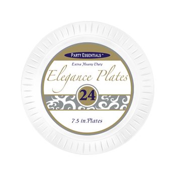 Pack of 24 white paper plates with elegant gold and black design.