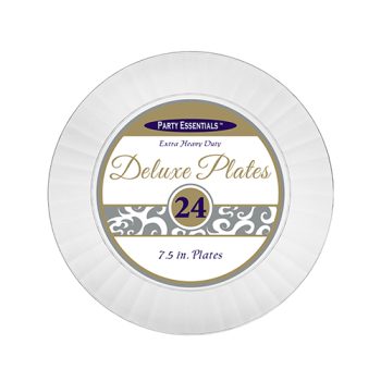 Pack of 24 white deluxe paper plates with decorative gold and black design.