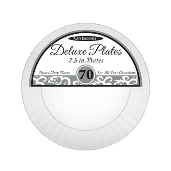A pack of 70 white 7.5-inch deluxe paper plates with decorative black label.