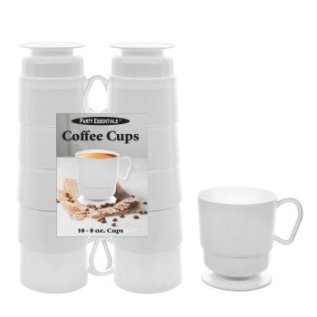 Two white coffee cups with saucers packaged in a clear plastic container.