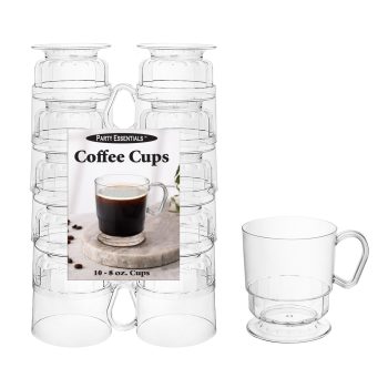 Clear glass coffee cups stacked with one displayed separately.