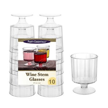 Set of 10 clear wine stem glasses stacked neatly.