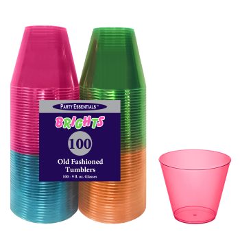 Stacks of colorful plastic tumblers with a label indicating 100 count.