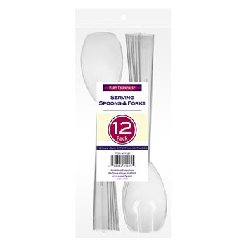Pack of 12 white plastic spoons in clear packaging.