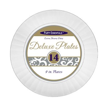 Pack of 14 white disposable deluxe plates with decorative gold and gray accents.