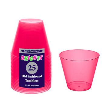 Bright pink disposable plastic tumblers with packaging.