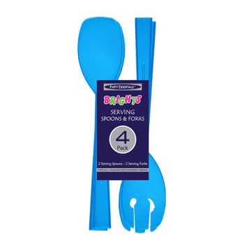 Blue salad serving set with spoon and fork, labeled for dishwasher use.