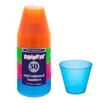 Stack of colorful plastic tumblers with a blue cup beside it.