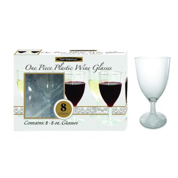 Set of eight plastic wine glasses in clear and red colors.
