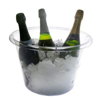 Three bottles chilling in an ice-filled clear bucket.