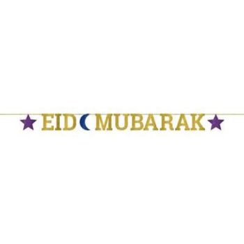 Eid Mubarak greeting with stars and crescent moon symbols in gold and purple.