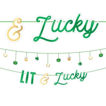 Decorative text art featuring the words 'Lit & Lucky' in green and gold.