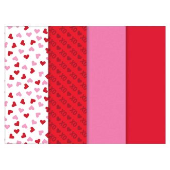 Four vertical panels with heart-themed patterns in red and pink.